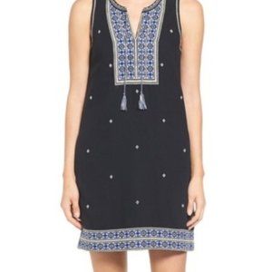 Blue, white, and black embroidered tassel dress